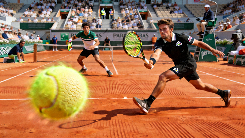 网球大满贯决赛场景，选手在红土场上奋力击球